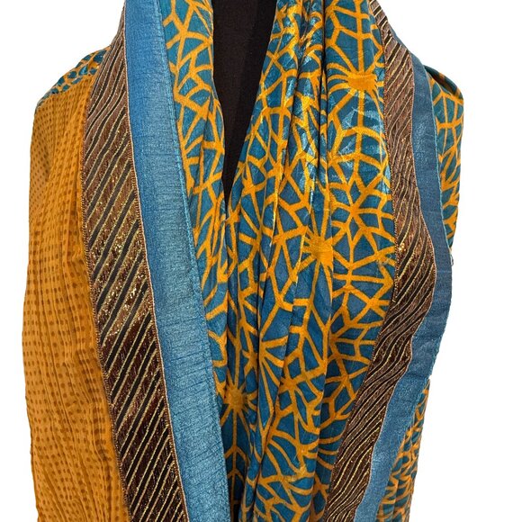 Orange Saree with Royal Blue Accents & Gold Embroidery | Festive Indian Wear - Picture 2 of 8